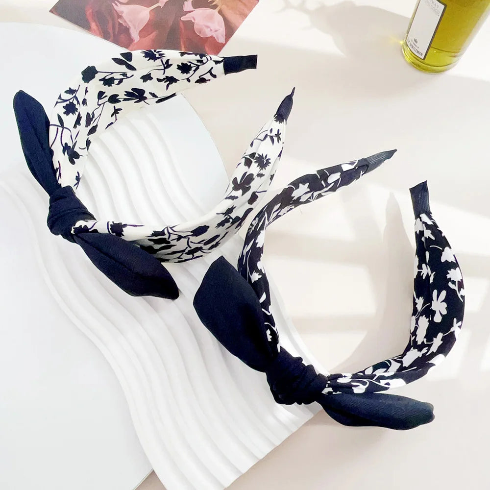 Elegant Floral Black White Hairbands for Women Girls Wide Edge Soft Hair Hoops Big Bowknot Cross Headband Hair Styling Tool Gift