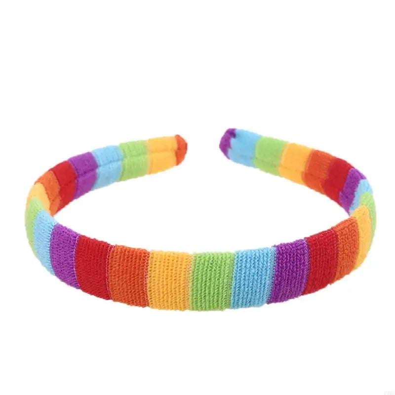 49MB Women Girls Autumn Winter Plush Headband Rainbow Colorful Striped Elastic Hair Hoop Festival Party Wash Face Styling