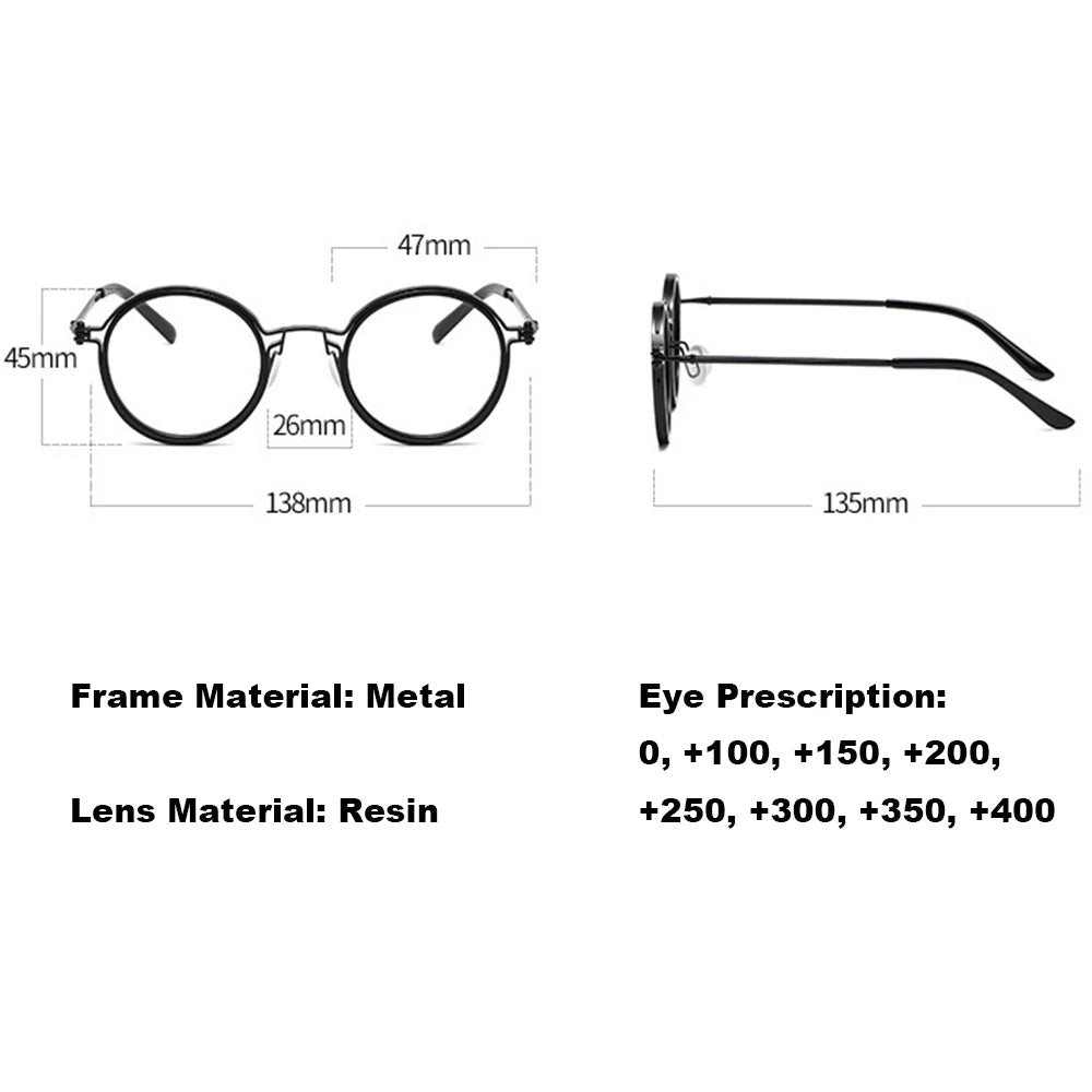 Reading Glasses Men High Quality Round Alloy Magnifying Glasses Eye Prescription 0 To +4 Clear Lens Anti Blue Light Glasses New
