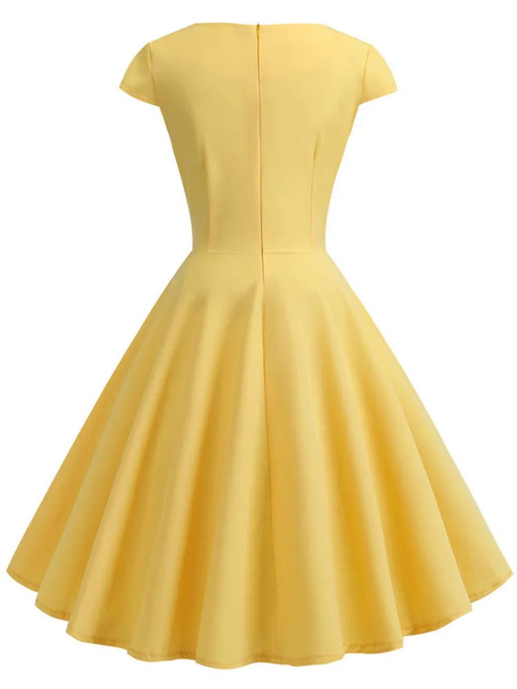 Robe d'été rose pour femme, col en V, style vintage, élégante, rétro, pin-up, soirée, bureau, mi-longue