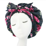 Soft Silky Print Satin Bonnet for Women Large Nightcap with Long Satin Ribbon Tie Band Bonnet Adjustable Wide Band Head Wrap Hat