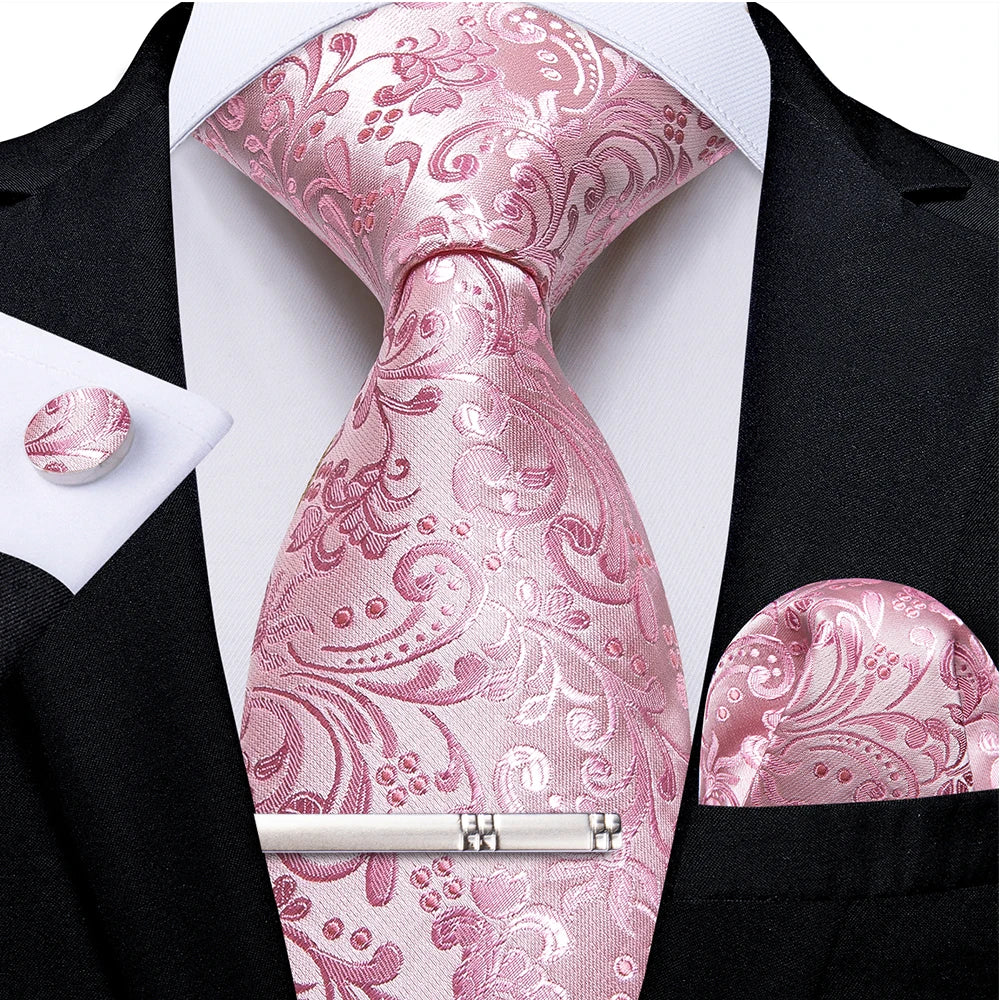 Pink Striped Floral Solid Paisley 8cm Silk Men's Tie Set Handkerchief Cufflinks Wedding Business Prom Accessories Tie Cravat