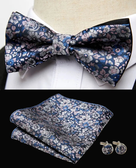 HUISHI Classic Blue Bowties For Men  Paisley Floral Bow Tie Pocket Square Cufflinks Suit Set Wedding Party Plaid Solid Butterfly