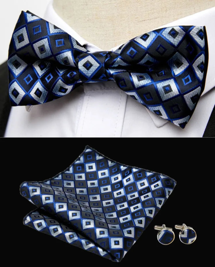 HUISHI Classic Blue Bowties For Men  Paisley Floral Bow Tie Pocket Square Cufflinks Suit Set Wedding Party Plaid Solid Butterfly