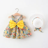 2Piece Sets Summer Toddler Girl Clothes Korean Fashion Flowers Cute Bow Sleeveless Princess Baby Dresses+Sunhat Kids Dress BC136