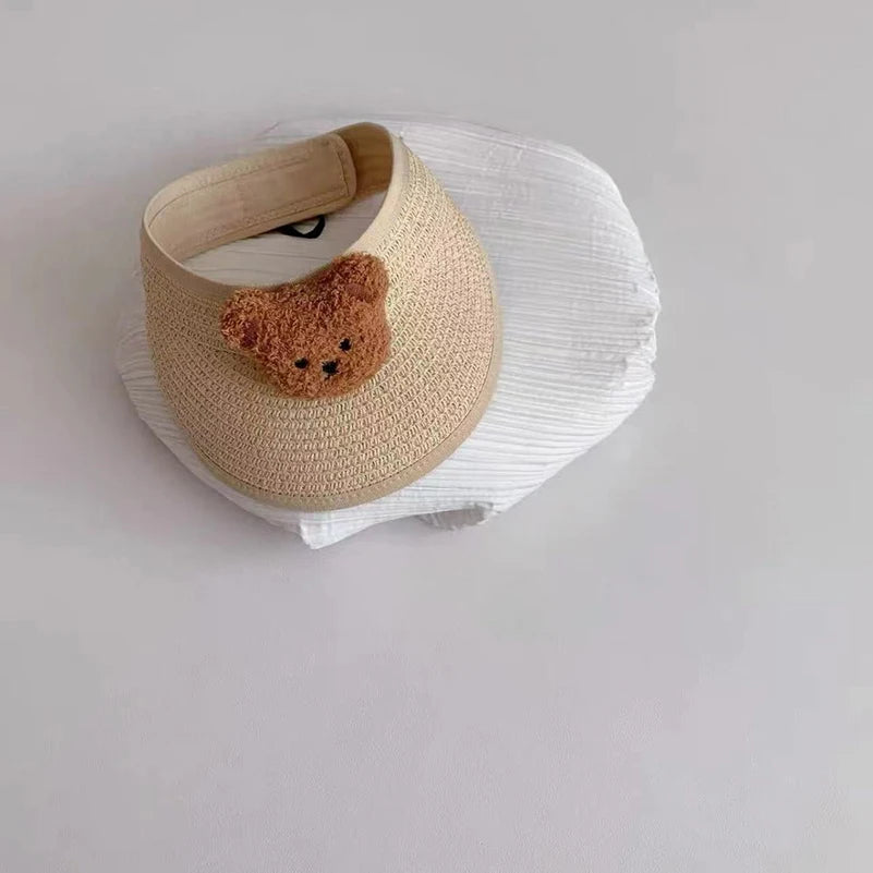 Lovely Bear Ears Empty Top Hat Baby Straw Cap Children Long Brim Sun Visors Kids Adjustable Summer Beach Bonnet Boy Girl Props