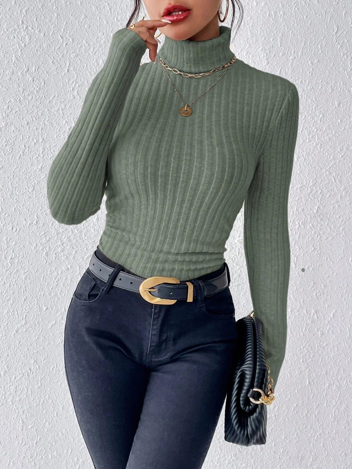 Autumn and Winter Sexy Texture Pit Stripe Slim Knit Long Sleeve Women's t-shirt New High Neck Women's Tops Casual Women's Tops