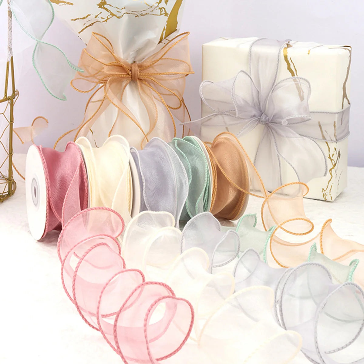 10M Sheer Wired Organza Ribbons with Golden Edge Chiffon Ribbon Wrapping Gift Box Wedding Bridal Bouquet Christmas Decoration