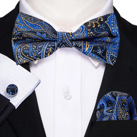 Barry.Wang Navy Royal Sky Blue Silk Mens Bow Tie Jacquard Paisley Floral Pre-Tied Bowtie Hanky Cufflinks Set Wedding Business