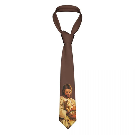 Christ And His Cat Unisex Necktie Silk Polyester 8 cm Wide Jesus Neck Tie for Men Accessories Cravat Wedding Office