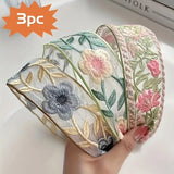 3Pcs Bohemian Embroidered Floral Headbands Wide Band Hair Accessories Vibrant Multicolor Flowers High-Quality Fabric for Women
