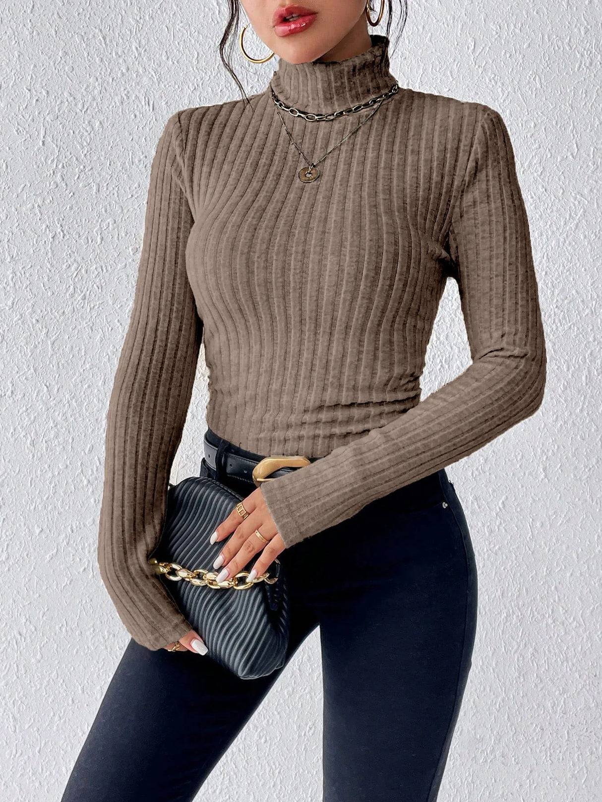 Autumn and Winter Sexy Texture Pit Stripe Slim Knit Long Sleeve Women's t-shirt New High Neck Women's Tops Casual Women's Tops
