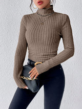 Autumn and Winter Sexy Texture Pit Stripe Slim Knit Long Sleeve Women's t-shirt New High Neck Women's Tops Casual Women's Tops