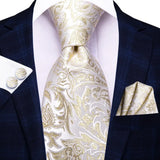 Hi-Tie Solid Champagne Ivory Floral Design Silk Wedding Tie For Men Quality Hanky Cufflink Fashion Nicktie Business Dropshipping