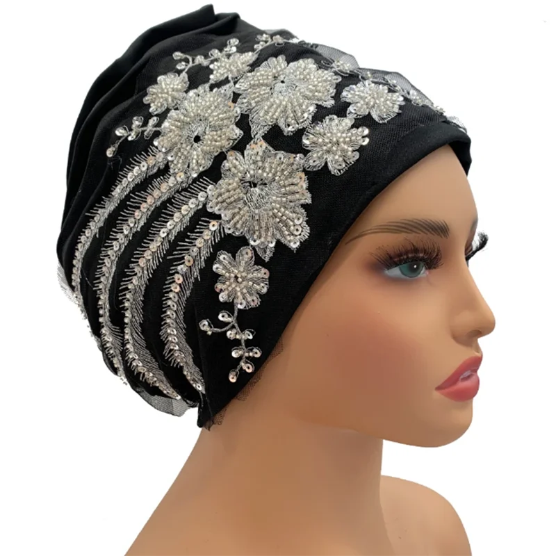 African Female Wrap Head Bonnet Muslim Turban Hat Lady Head Wraps Glitter Luminescence Beading Pleated Turban Cap for Women