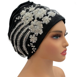 African Female Wrap Head Bonnet Muslim Turban Hat Lady Head Wraps Glitter Luminescence Beading Pleated Turban Cap for Women
