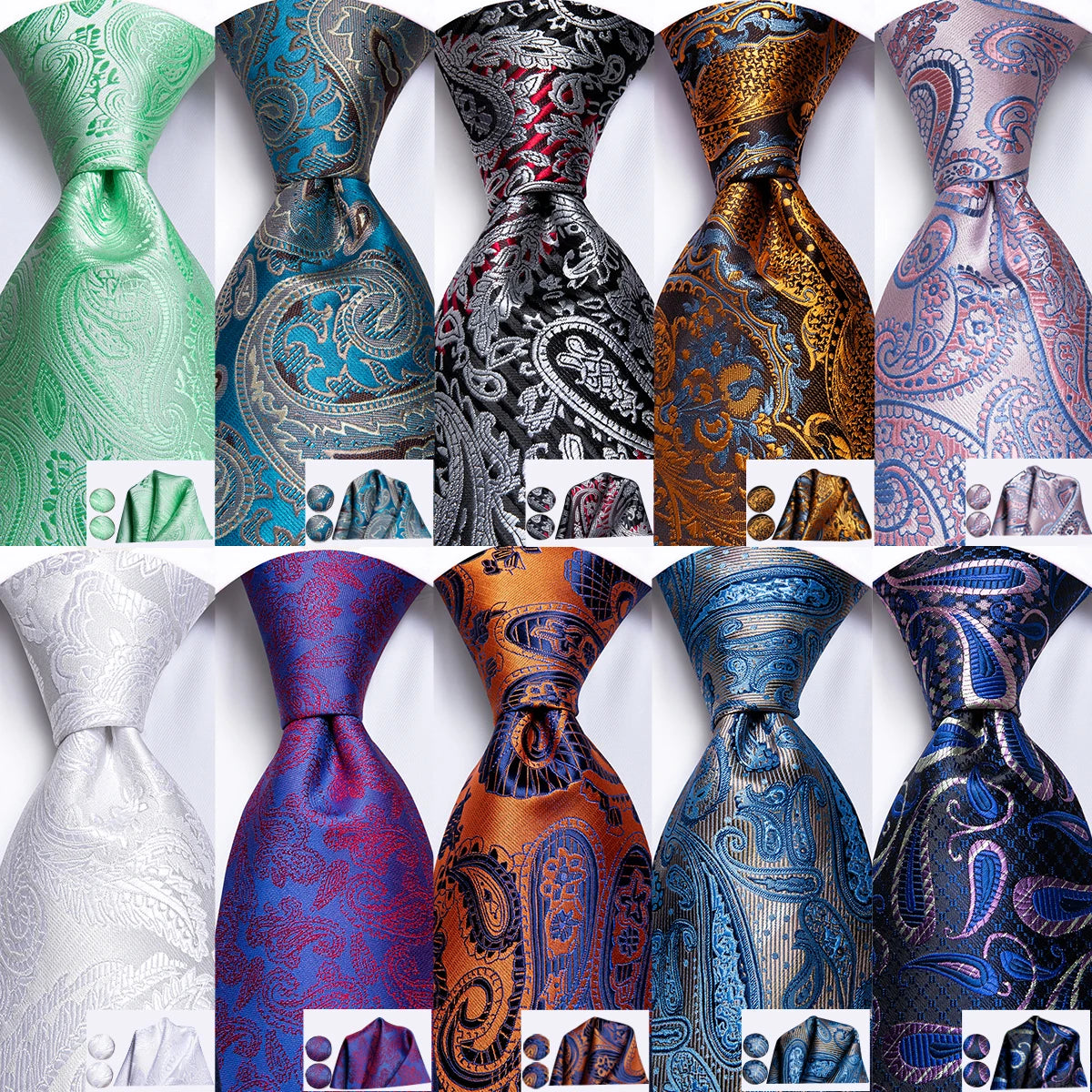 Hi-Tie Men's Tie Set Gold Paisley 100% Silk 8.5cm Wedding Ties For Men New Fashion Design Hanky Cufflinks Set Quality Necktie