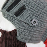 Red Tassel Cosplay Roman Knight Knit Helmet Men Cap Original Barbarian Handmade Winter Warm Beard Hats Funny Beanies Party Gifts