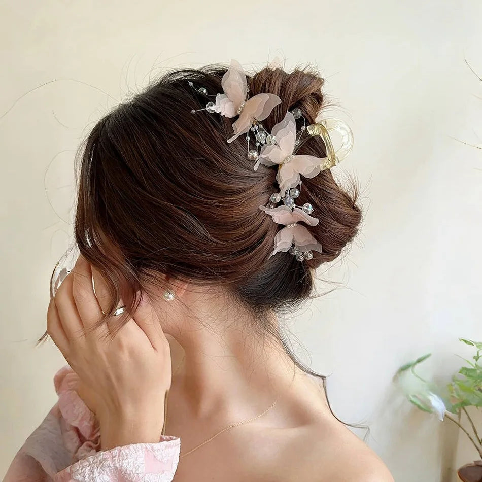New Fashion Simulation Butterfly Hair Clips Women Elegant Pearl Bow Ponytail Clip Sweet Crab Claw Headdress Hair Accessories
