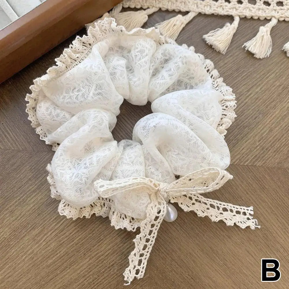 French Lace Pearl Rose Flower Elastics Hair Band For Women Cream White Scrunchies Hair Ties Ponytail Holder Hair Accessories