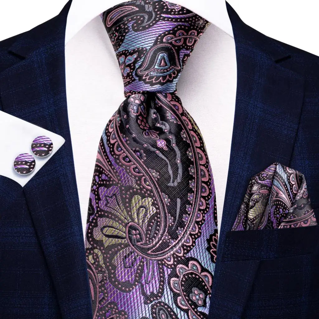 Hi-Tie Purple Solid Paisley Silk Wedding Tie for Men Novelty Design Handky cufflink Gift Men Tie Set Party Business Dropshipping