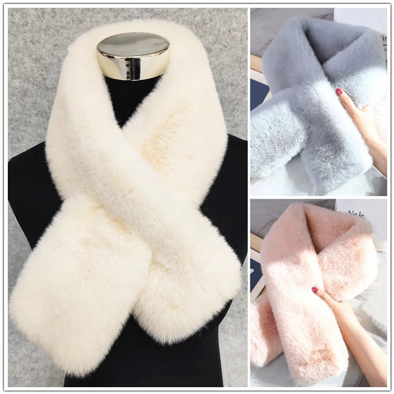 Casual Imitation Bunny Hair Scarf Solid Colour Faux Fur Collar Plush Knitted Scarves Winter Warm Thicken Neckerchief Accessories