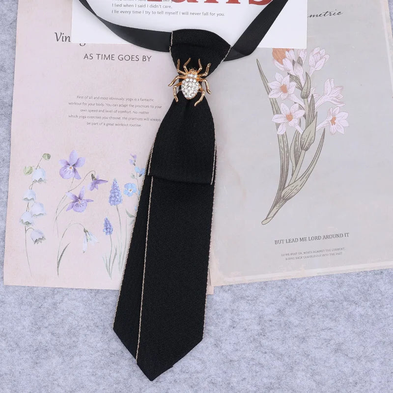 Hand Made Black Ribbon Tie Crystal Rhinestone Jewelry Men White Shirts College Girl Boys Collar Neck Ties Uniform Women Necktie