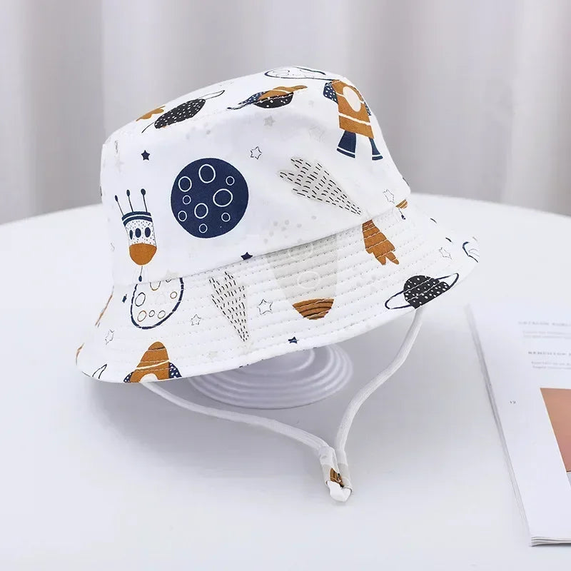 1-5 Years Cartoon Printing Baby Bucket Hat Cotton Breathable Kids Fisherman Hat Infant Toddle Sun Hat with Drawstring Baby Cap