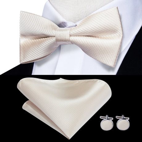 Hi-Tie Black White Silver Grey Brown Silk Mens Bow Tie Hankerchief Cufflinks Set Pre-tied Butterfly Knot Adjustable Bowtie Male