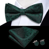 Hi-Tie Christmas Green Bow Ties for Men Silk Butterfly Tie Bow Tie Hanky Cufflinks Set Wedding Party Paisley Plaid Solid Bowtie