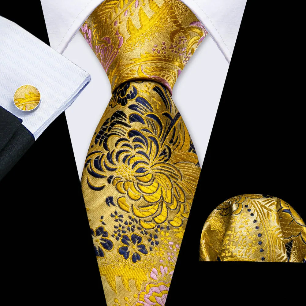 Black Gold Pink Men Wedding Neck Tie Silm Floral Silk Necktie Jacquard Pocket Square Cufflinks Sets Business Party Barry.Wang