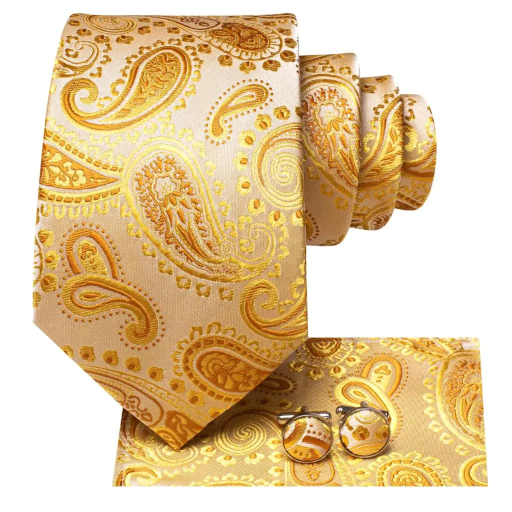 2022 New Design Yellow Gold Paisley Fashion Brand Tie for Men Wedding Party Necktie Handky Cufflinks Gift Wholesale Hi-Tie