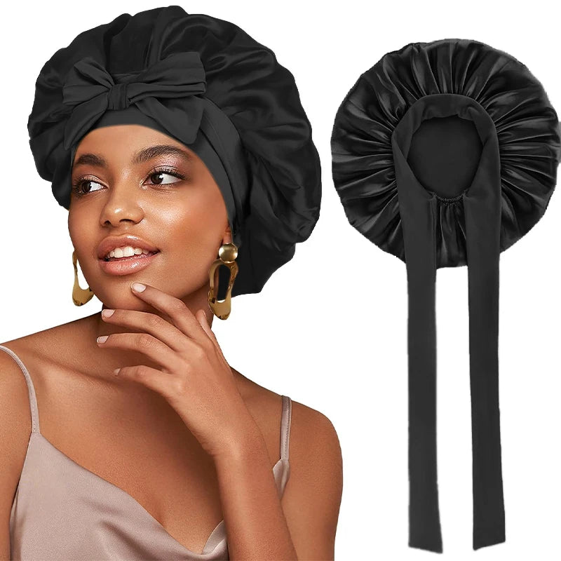 New Women Satin Bonnet Silky Sleep Cap Curly Hair Wrap For Sleeping Cap Adjustable Bonnets With Tie Band Nightcap Hair Care Cap