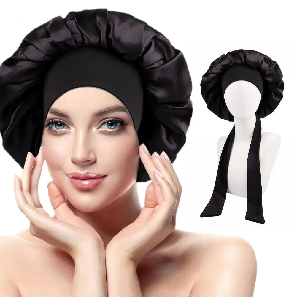 Women Shower Cap Sleeping Satin Bonnet Lace-up Bow Waterproof Women Braids Curly Night Hat Beauty Parlor Cap Salon Hat