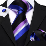 Barry.Wang Purple Silk Mens Tie Hanky Cufflinks Set Lilac Lavender Mauve Violet Jacquard Necktie For Male Wedding Business Party