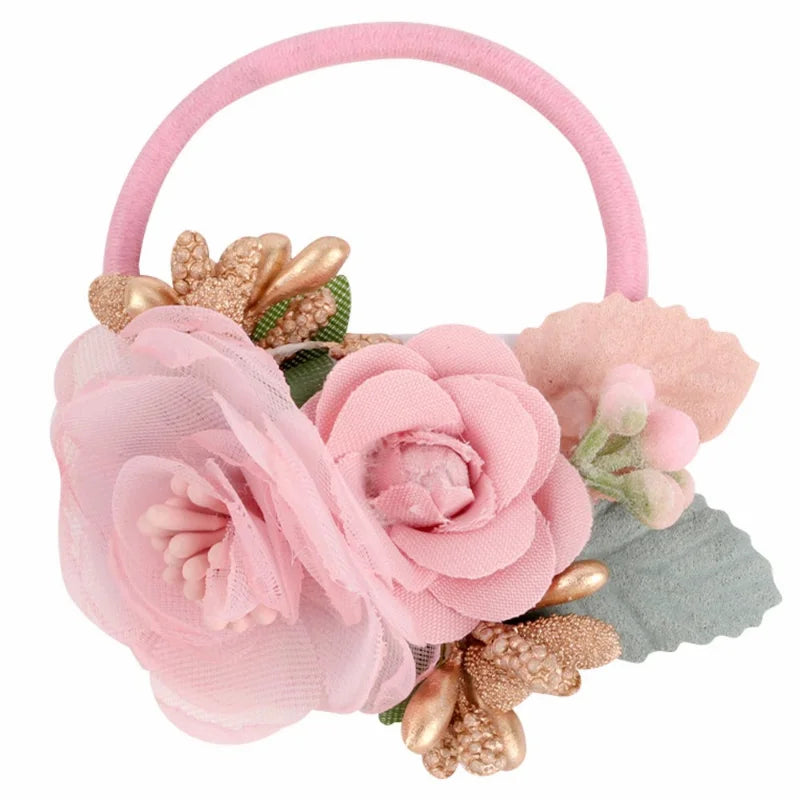 Handmade Flower Elastics Hair Ties For Kids Girls Stretchy Rubber Hairband Slim Headband Scrunchies Ponytail Holder Ring Loop
