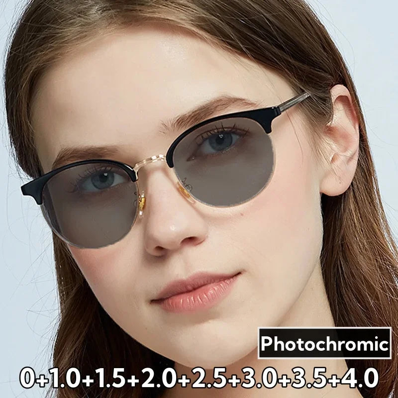 Blue Light Blocking Far-sight Glasses Unisex Women Men's Intelligent Photochromic Presbyopia Diopter Prescription Plus Eyewear