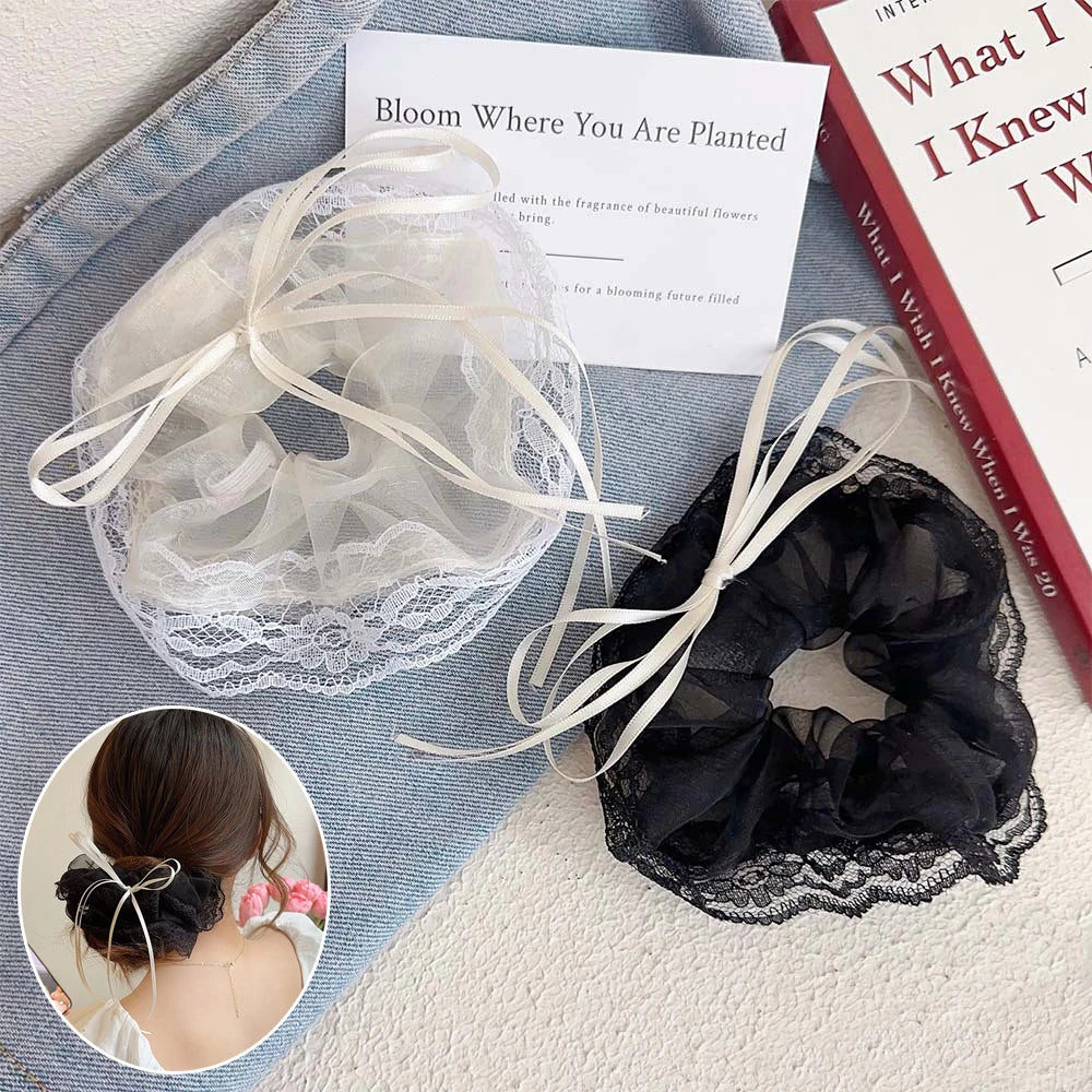 Lace Scrunchies Bowknot Ribbon Elastic Hair Bands Hair Rope Ties Hair Accessories Ponytail Holder Hair Ring INS Hair Accessories
