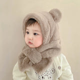Winter Baby Hat Scarf One-Piece Faux Fur Kids Hats Cartoon Bear Warm Neck Ear Cap for Boys Girls Windproof Beanies Infant Stuffs