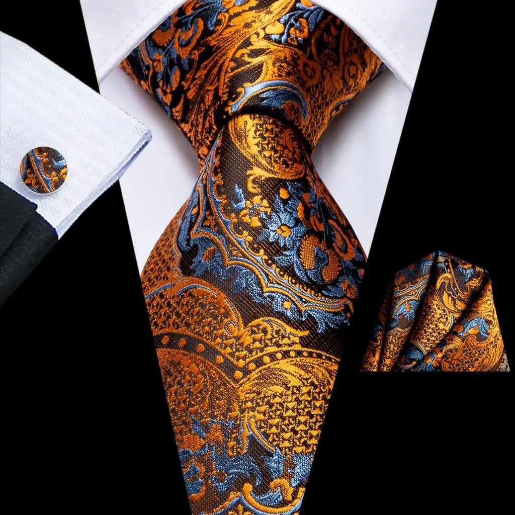 Hi-Tie Luxury Gold Orange Striped Paisley Silk Wedding Tie For Men Hanky Cufflink Gift Mens Necktie Business Party Dropshipping