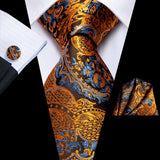 Hi-Tie Luxury Gold Orange Striped Paisley Silk Wedding Tie For Men Hanky Cufflink Gift Mens Necktie Business Party Dropshipping