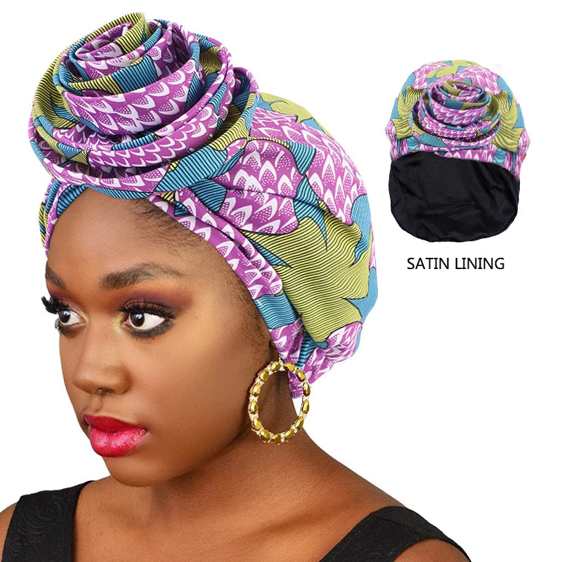 African Printed Satin-lined Turban Hat Women Fashion Dished Flower Hat All Kinds Of Popular Multifunction Wrap Head Ethnic Caps