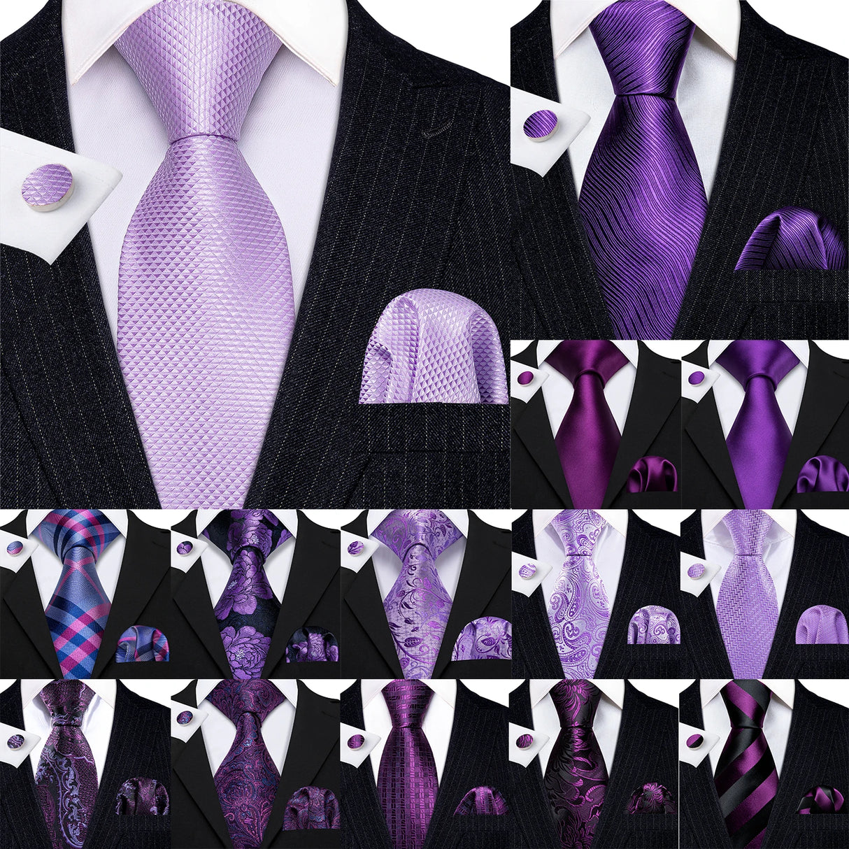 Barry.Wang Purple Silk Mens Tie Hanky Cufflinks Set Lilac Lavender Mauve Violet Jacquard Necktie For Male Wedding Business Party