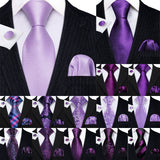 Barry.Wang Purple Silk Mens Tie Hanky Cufflinks Set Lilac Lavender Mauve Violet Jacquard Necktie For Male Wedding Business Party