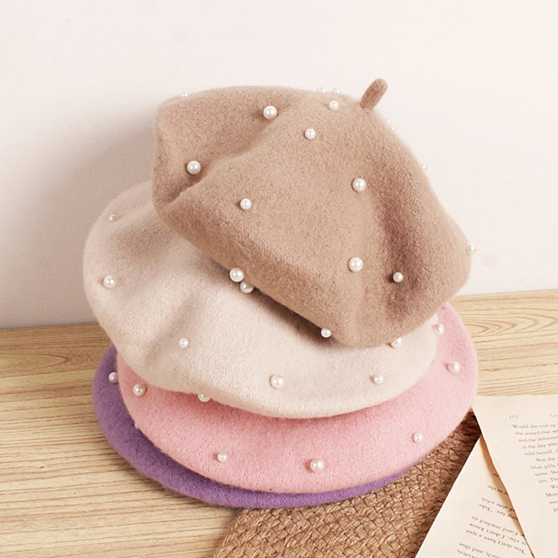 Wool Kids Winter Hat for Girls Retro Baby Beret Hats with Pearls Autumn Winter Kids Cap for Children Accessories 2-6Y