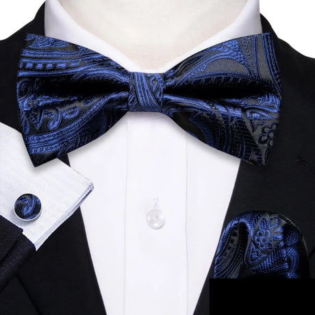 Barry.Wang Navy Royal Sky Blue Silk Mens Bow Tie Jacquard Paisley Floral Pre-Tied Bowtie Hanky Cufflinks Set Wedding Business