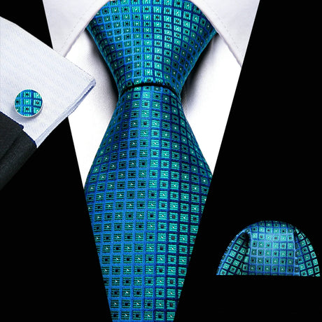 Noverlty Teal Silk Necktie For Men Solid Luxury Brand Suit Pocket Square Cufflinks High Quality Tie Set Wedding Party Barry.Wang