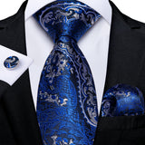 Elegant Blue Floral Paisley Men's 8cm Silk Tie Set with Pocket Square Cufflinks Business Suits Accessories Groom Wedding Cravat