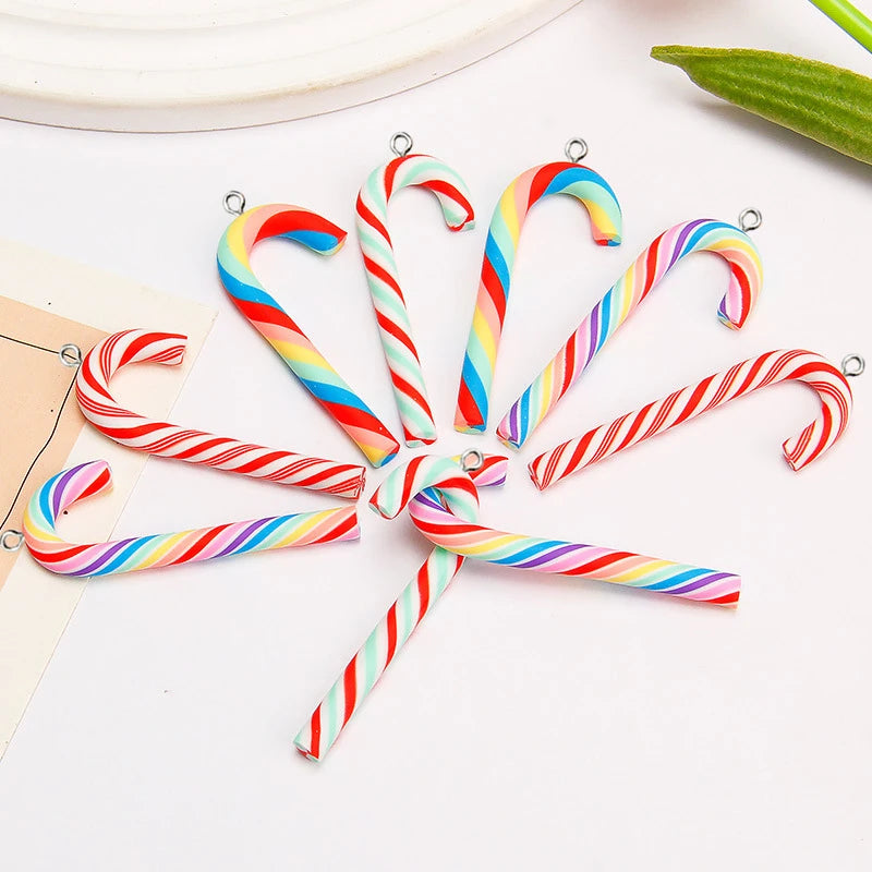 10Pcs  Simulation Polymer Clay Christmas Cane Rainbow Candy Charms Christmas Pendants for Earrings Keychains DIY Jewelry Making