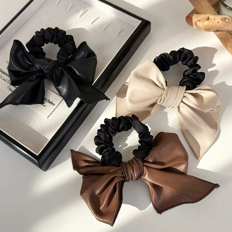 Leather Bow Elastic Hair Bands Fashion Hair Accessories Elastic Headband Scrunchies Ponytail Holder Rubber Bands Hair Rope Ties